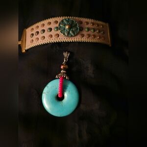 Turquoise Style Pendant Necklace and Studded Leather Bracelet